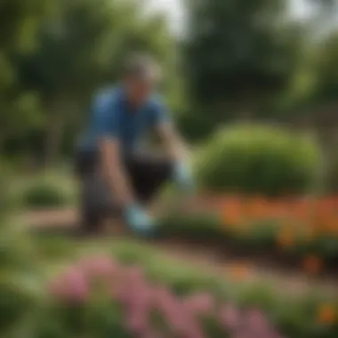 A gardener tending to a flourishing flower bed, demonstrating maintenance techniques