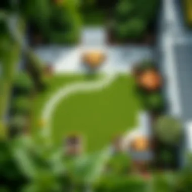 An aerial view of a well-designed garden layout with pathways and seating areas.