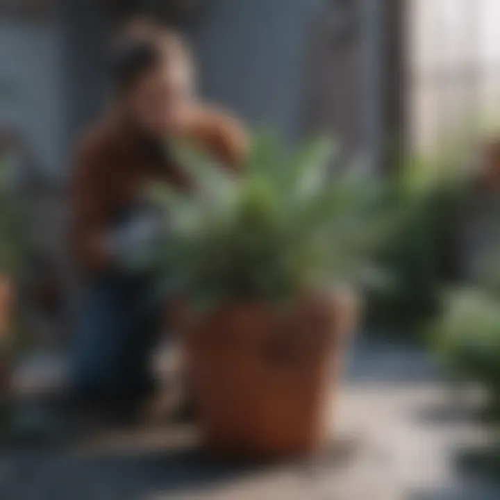 A gardener applying protective measures to ensure potted plants withstand frost conditions.