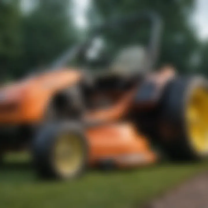 Close-up of mower specifications and features displayed