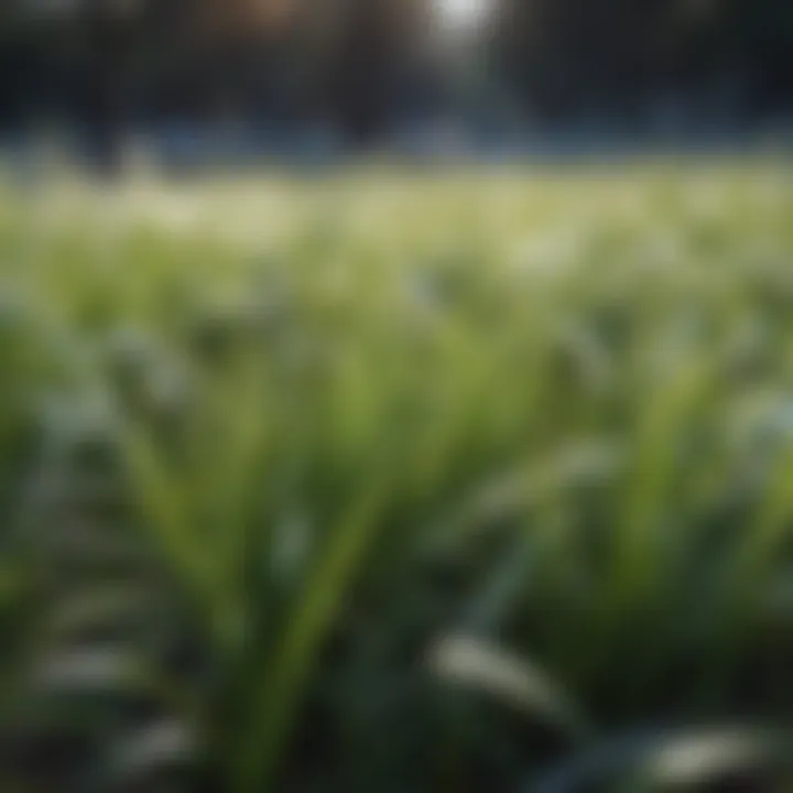 A close-up of healthy grass blades thriving in winter conditions.