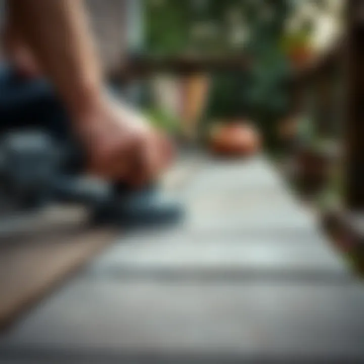 Close-up of deck surface being sanded