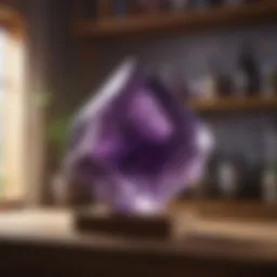 A vibrant amethyst crystal placed on a wooden shelf