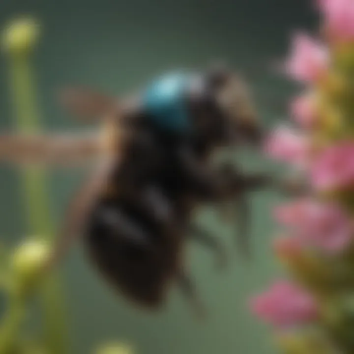 Close-up of carpenter bees on flowering plants, highlighting their pollination behavior