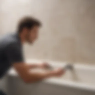 Person using a brush to clean grout in a bathtub