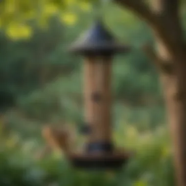 A tranquil garden setting showing squirrel-proof bird feeders.