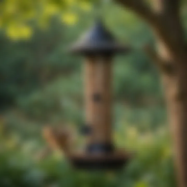 A tranquil garden setting showing squirrel-proof bird feeders.