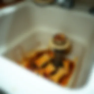 Clogged kitchen sink with disposal unit showing food debris