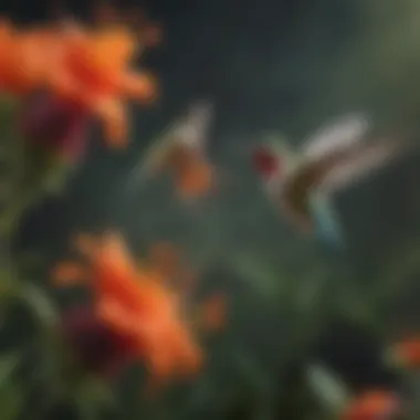 Close-up view of hummingbirds accessing nectar from a feeding station.