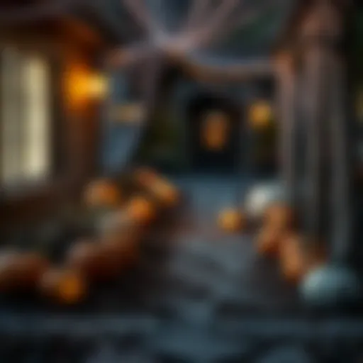 Enchanting Pathway Decor Spooky pathway adorned with glowing pumpkins and cobwebs