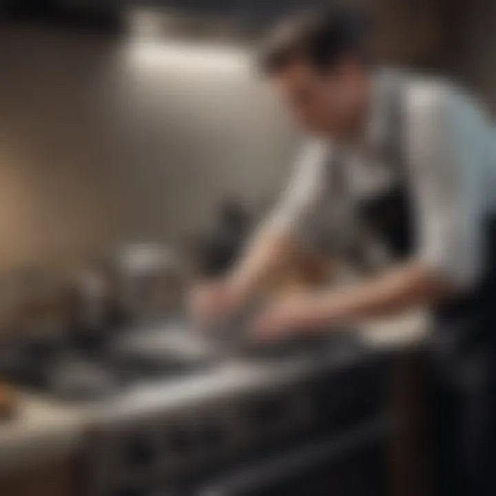 A person demonstrating the application of grease cleaner on a stove.