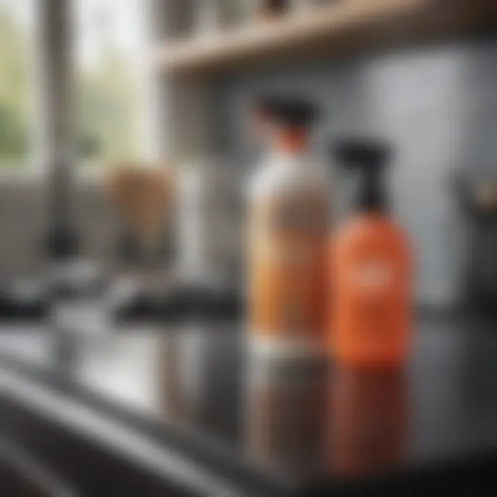 Various grease cleaner products displayed on a kitchen countertop.