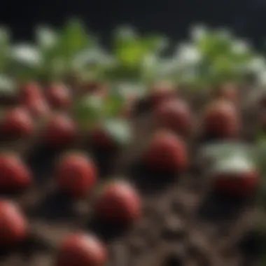 Close-up of rich, dark soil with strawberry plants