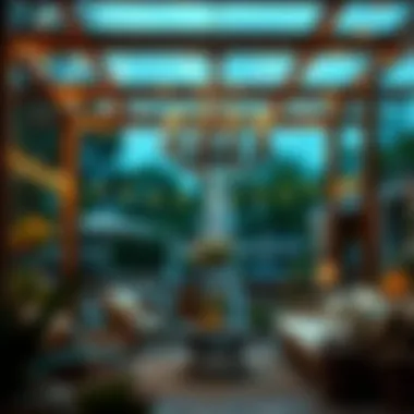 Cozy outdoor living space under a pergola with string lights and a chandelier