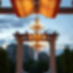 Elegant chandelier illuminating a pergola at dusk