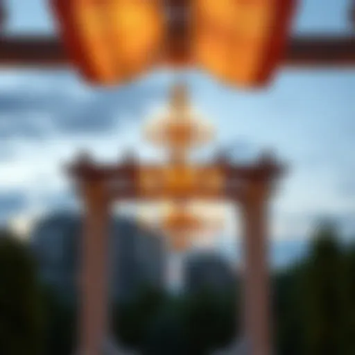 Elegant chandelier illuminating a pergola at dusk