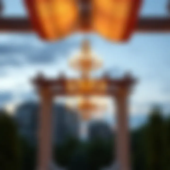 Elegant chandelier illuminating a pergola at dusk