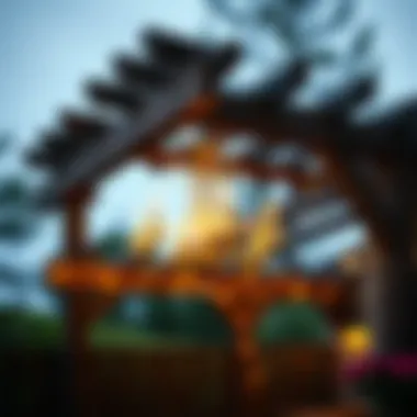 Rustic wooden pergola adorned with a vintage chandelier