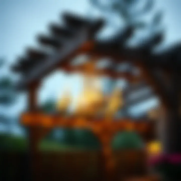 Rustic wooden pergola adorned with a vintage chandelier