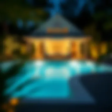 Stylish Low Voltage Lighting on Pool Deck A beautifully designed pool deck showcasing stylish low voltage lighting