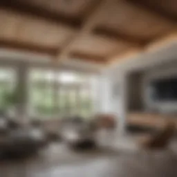 Elegant wooden beams enhancing a modern living room ceiling