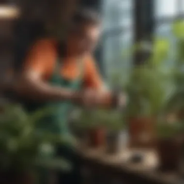 Gardener applying insecticide to a potted plant with a spray bottle