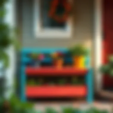 Colorful storage bench with built-in planters for outdoor decor