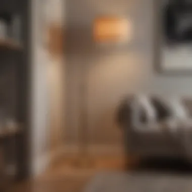 A chic floor lamp with a unique design illuminating a cozy reading nook in a bedroom