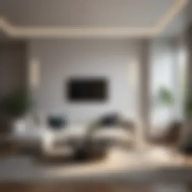 Sophisticated Minimalism An elegant living room featuring minimalist decor and unique lighting solutions