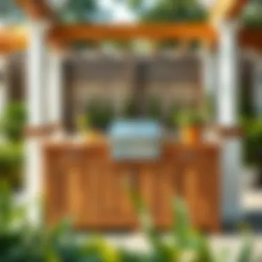 Rustic wooden BBQ island countertop with integrated shelves