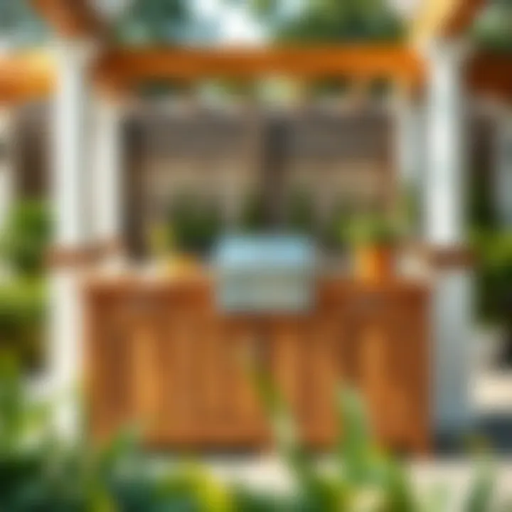 Rustic wooden BBQ island countertop with integrated shelves