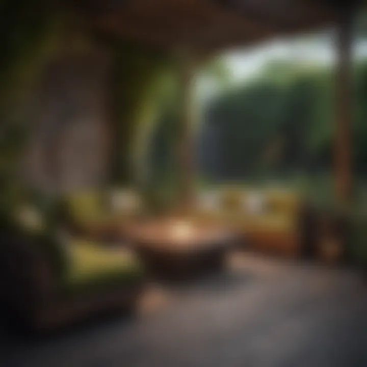 A beautifully arranged outdoor seating area with eco-friendly furniture and lush greenery.