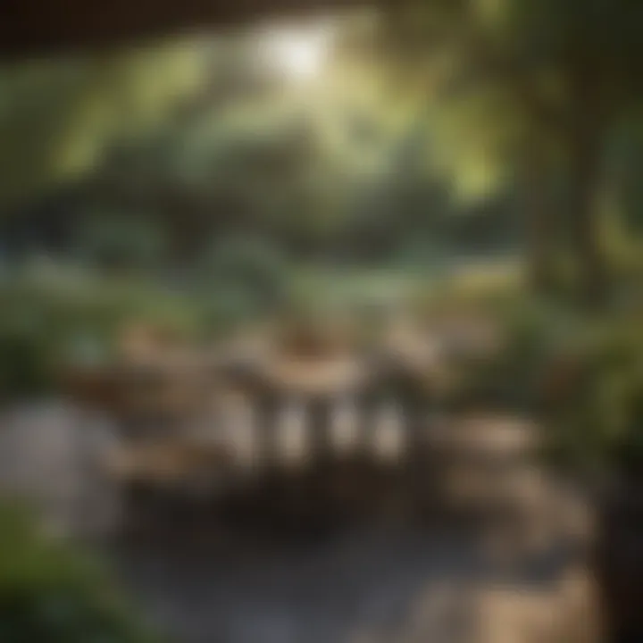 A serene outdoor dining area surrounded by nature, complete with sustainable tableware.