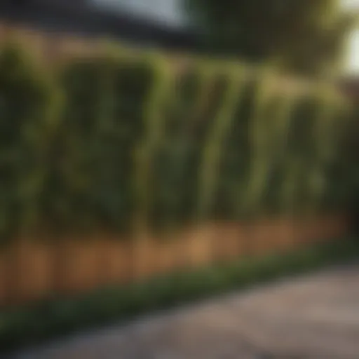 A modern wooden privacy fence with vertical slats and integrated greenery