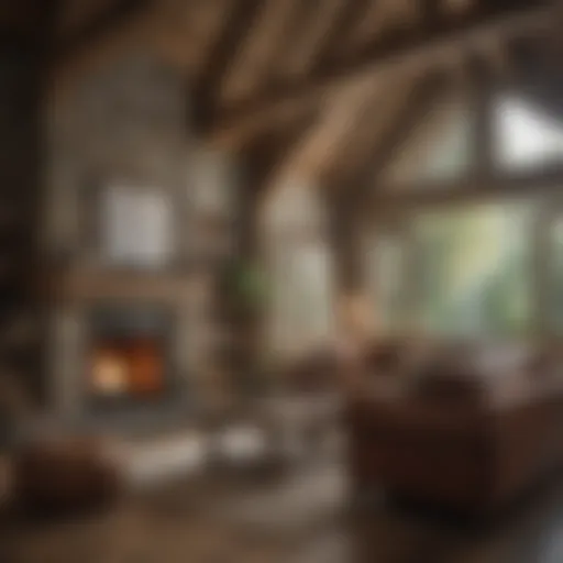 Cozy rustic living room with a stone fireplace and wooden beams