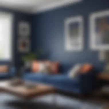 Bold navy accent wall paired with bright furnishings