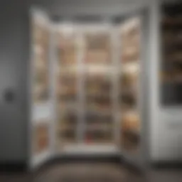 Elegant rolled-out pantry design adjacent to a refrigerator showcasing modern kitchen aesthetics