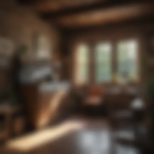 Serene lake cottage interior with rustic wooden furniture