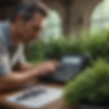 A gardener analyzing plant prices with a calculator and plant catalog