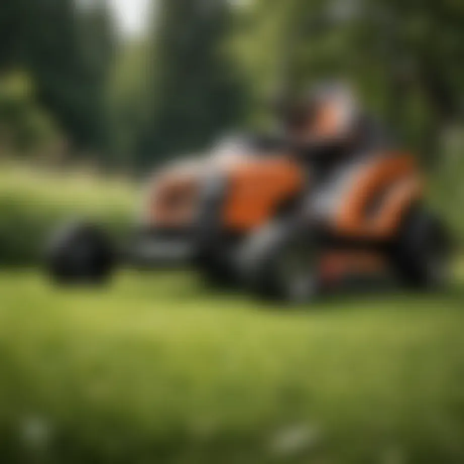 Lightweight self-propelled gas lawn mower in action on a lush lawn