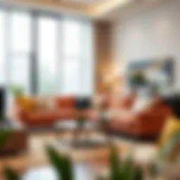 Modern living room featuring a sectional sofa with bold patterns