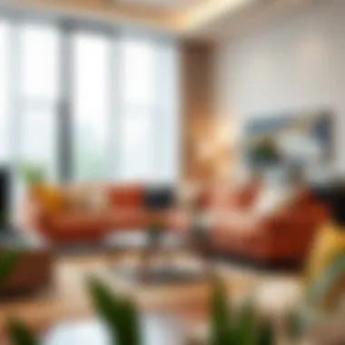 Modern living room featuring a sectional sofa with bold patterns