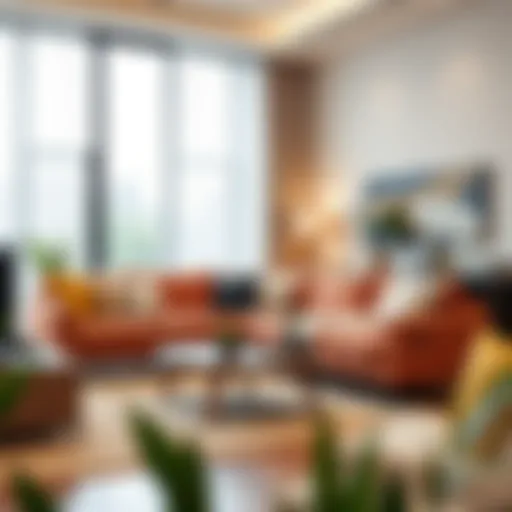 Modern living room featuring a sectional sofa with bold patterns