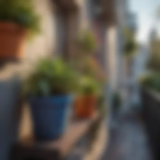 A variety of colorful garden planters arranged on a balcony.