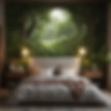 Cozy Bedroom Featuring Nature-Inspired Wallpaper Cozy bedroom adorned with nature-inspired wallpaper