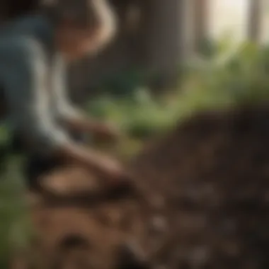 Gardener examining soil and plant growth