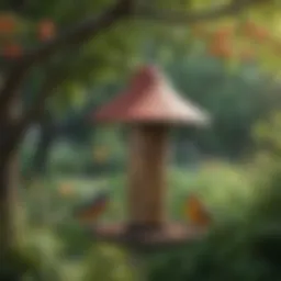 Colorful bird feeders in a lush garden setting