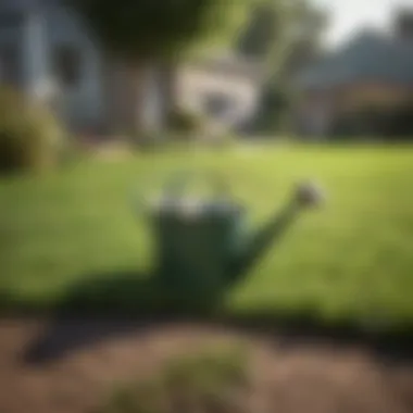 A lawn care guide book open on a grassy area with a watering can nearby.