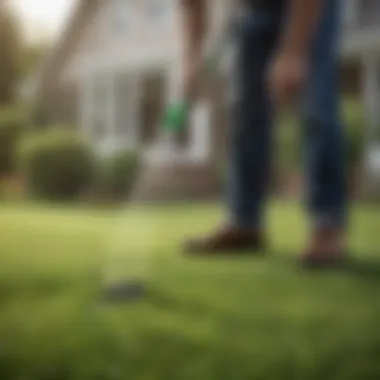 Watering Lawn with Hose A homeowner using a hose to water the lawn during the day.
