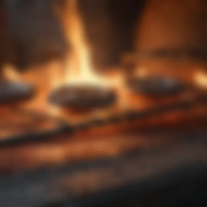 Close-up of gas burners ignited in a pizza oven